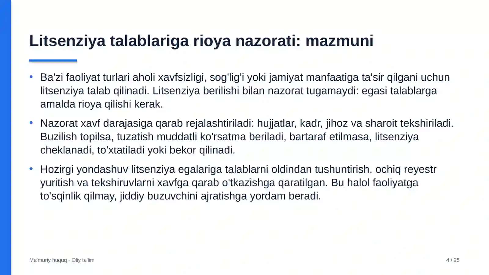 Yakka tartibdagi uy-joy qurilishida litsenziya talablariga rioya etilishini nazorat qilish 4