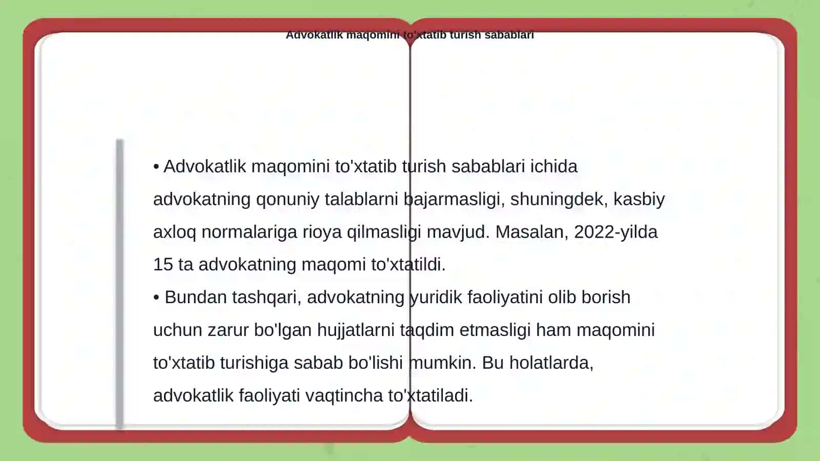 Advokatlik maqomini olish to'xtatib turish va tugatish asoslari 4