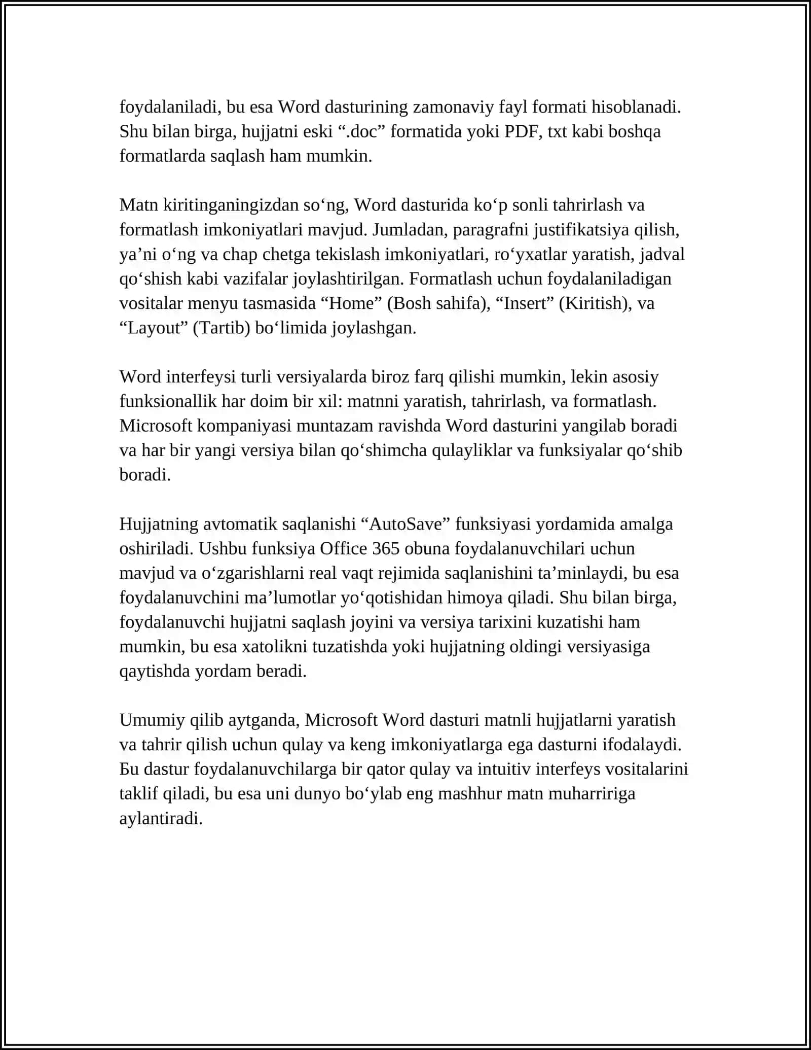 MS WORD MS EXSEL VA MS POWER POINT DASTURLARIDAN FOYDALANIB HUDUDIY HAFTALIK OB HAVO MAʼLUMOTLARINI HAQIDA MS WORD DASTURIDA MAʼLUMOTNOMA YARATISH SOʻNG USHBU MAʼLUMOT DIAGRAMMASINI MS EXSEL DASTURIDA YARATISH MS POWER POINT DASTURIDA USHBU MAʼLUMOT VA DIAGRAMMADAN FOYDALANIB TAQDIMOT YARATILSIN 4
