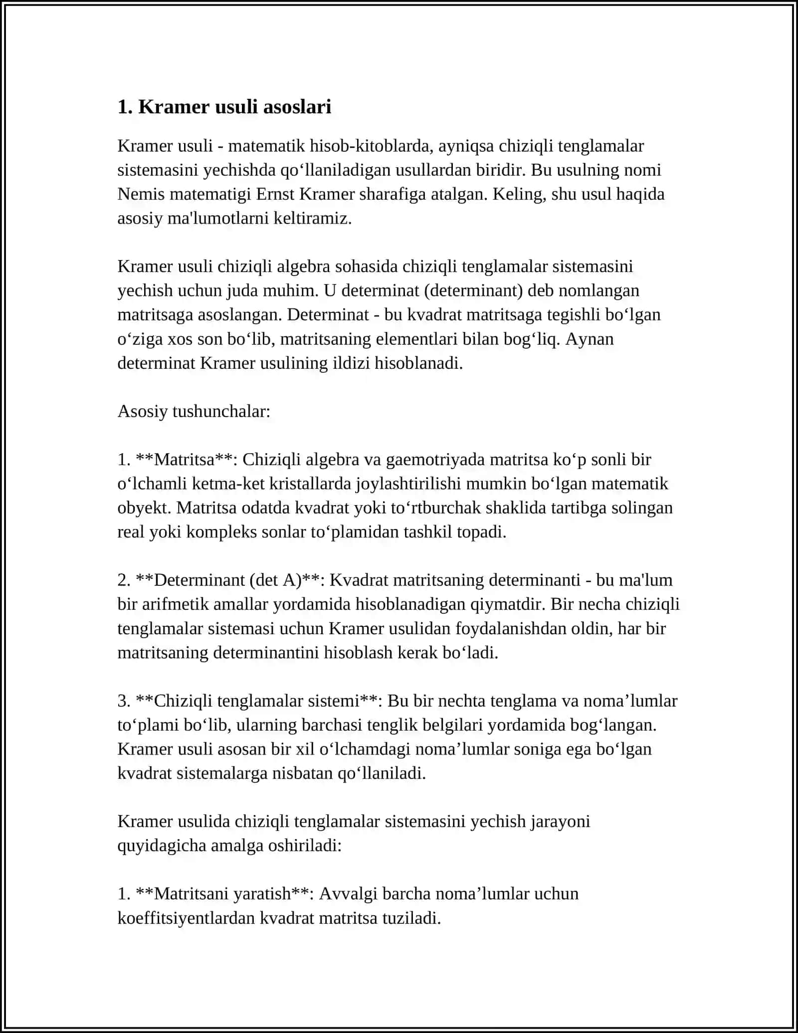 HISOB (CALCULUS):CHIZIQLI TENGLAMALAR SISTEMASINI KRAMER USULDA YECHISH 4