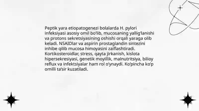 Bolalarda oshqozon va 12 barmoqli ichak yara kasalligi. Surunkali kolit, enterokolit. Klinik kõrinishi, davo taktikasi, parhez, reabilitatsion davo. 4