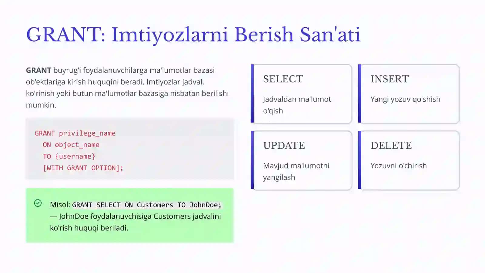 SQL Xavfsizligi: GRANT va REVOKE bilan Foydalanuvchi Huquqlarini Boshqarish 4