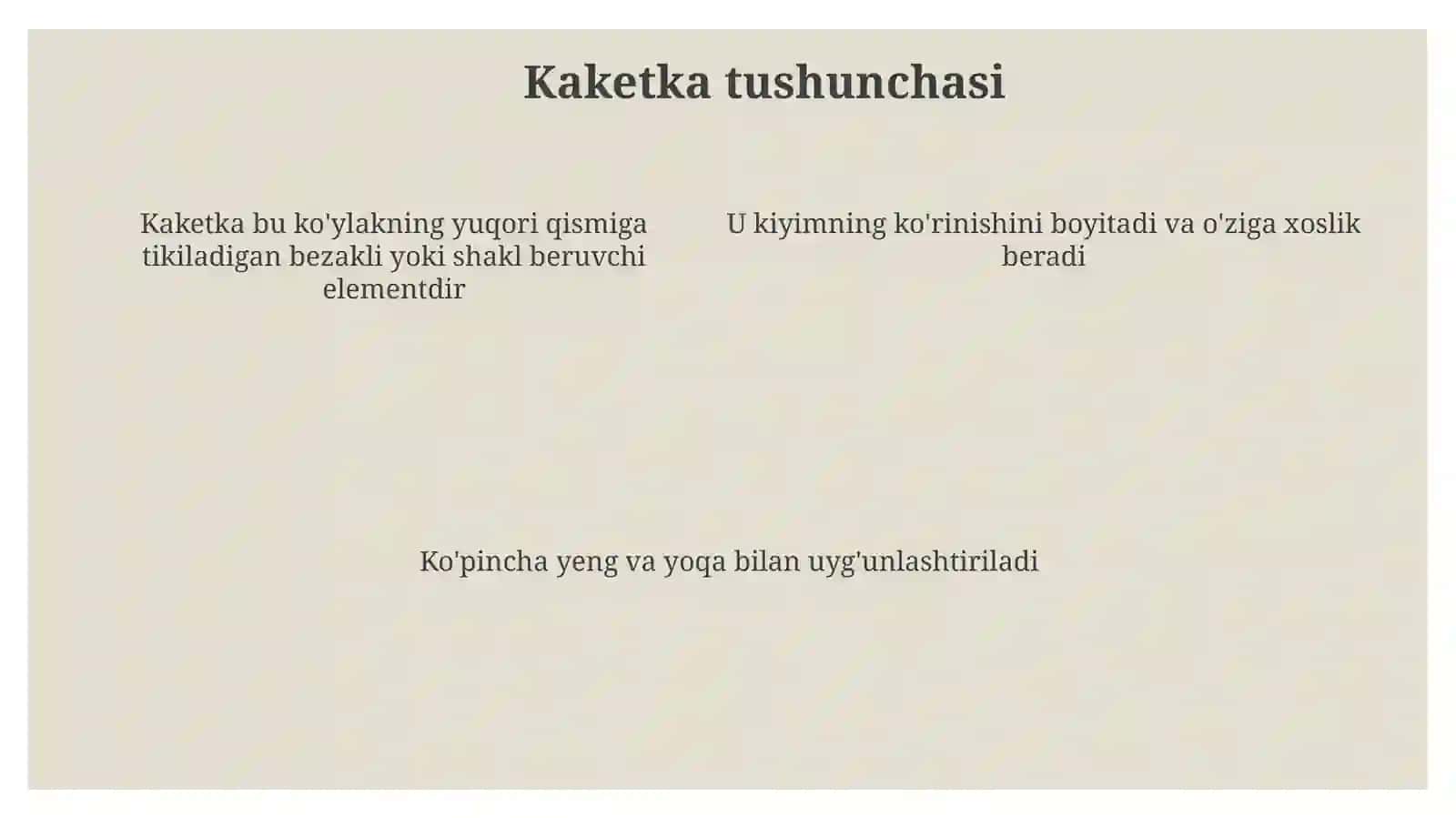 Ayollar milliy ko'ylagi turlarini xil kaketka namunalarini tayyorlash 4
