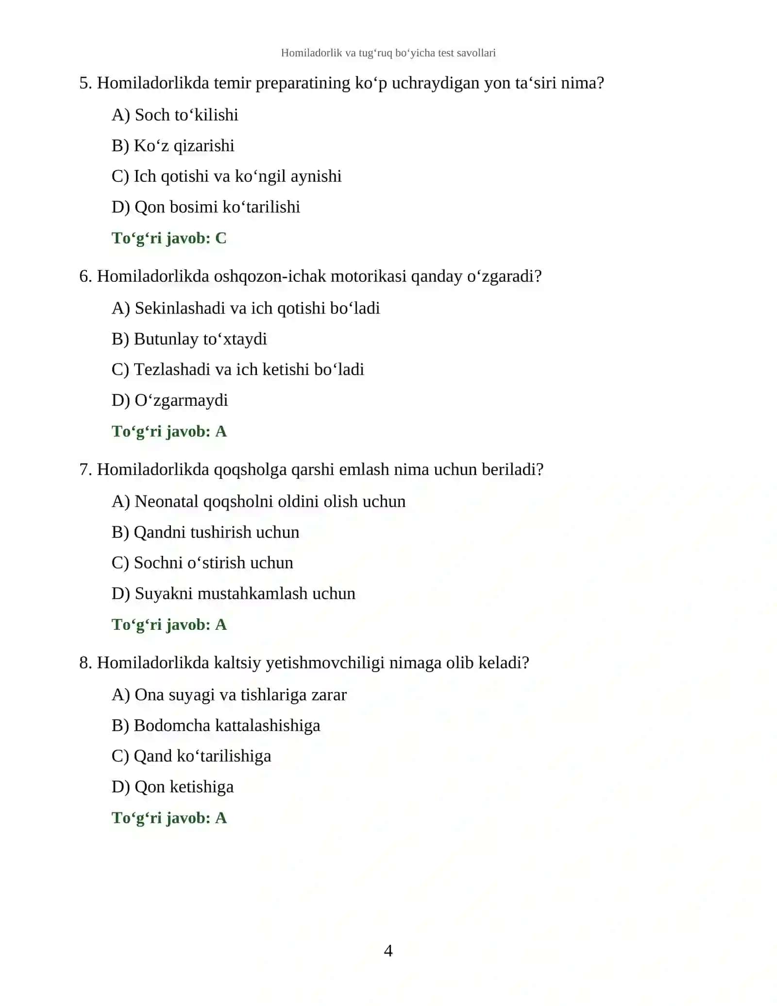 Homiladorlik va tug‘ruq bo‘yicha test savollari 4