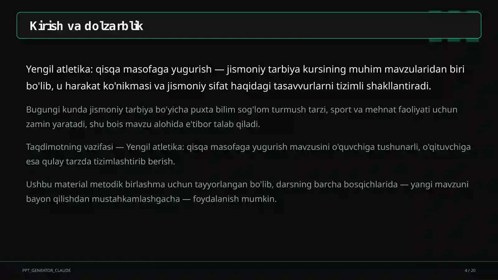 Yengil atletika: qisqa masofaga yugurish (4-sinf) 4