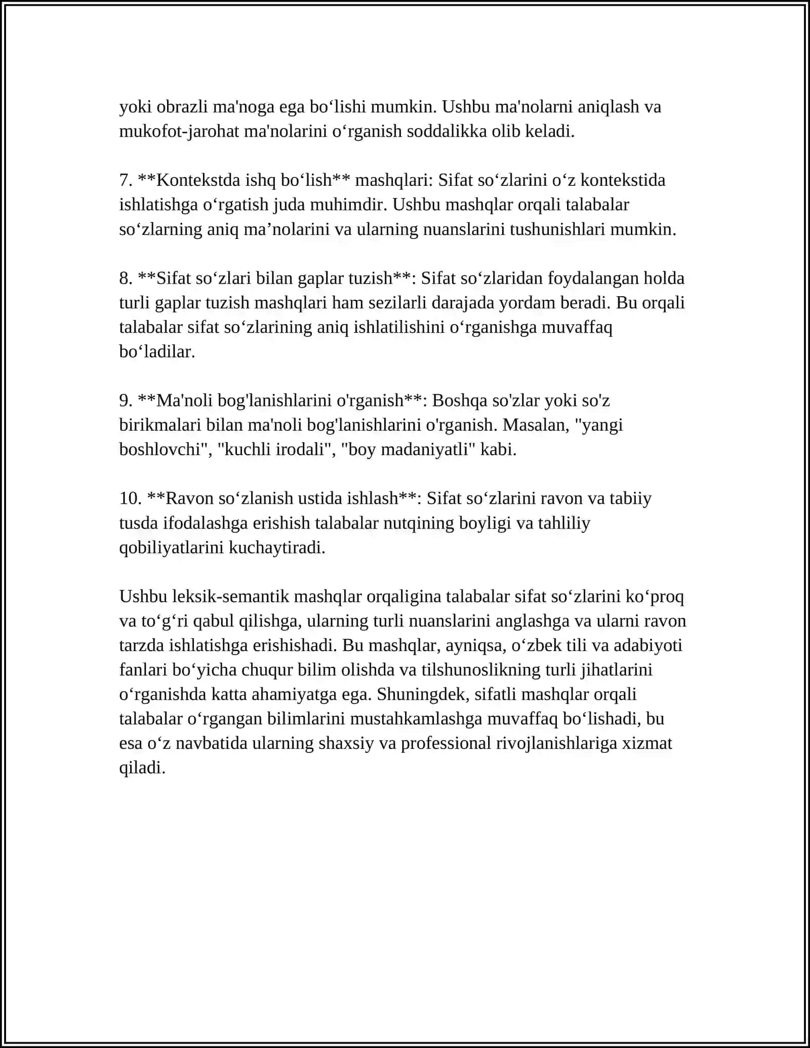 SIFAT SO‘Z TURKUMINI OʻRGANISHDAGI LEKSIK-SEMANTIK MASHQLAR MAVZUSIDA TEZISH YOZISH 4