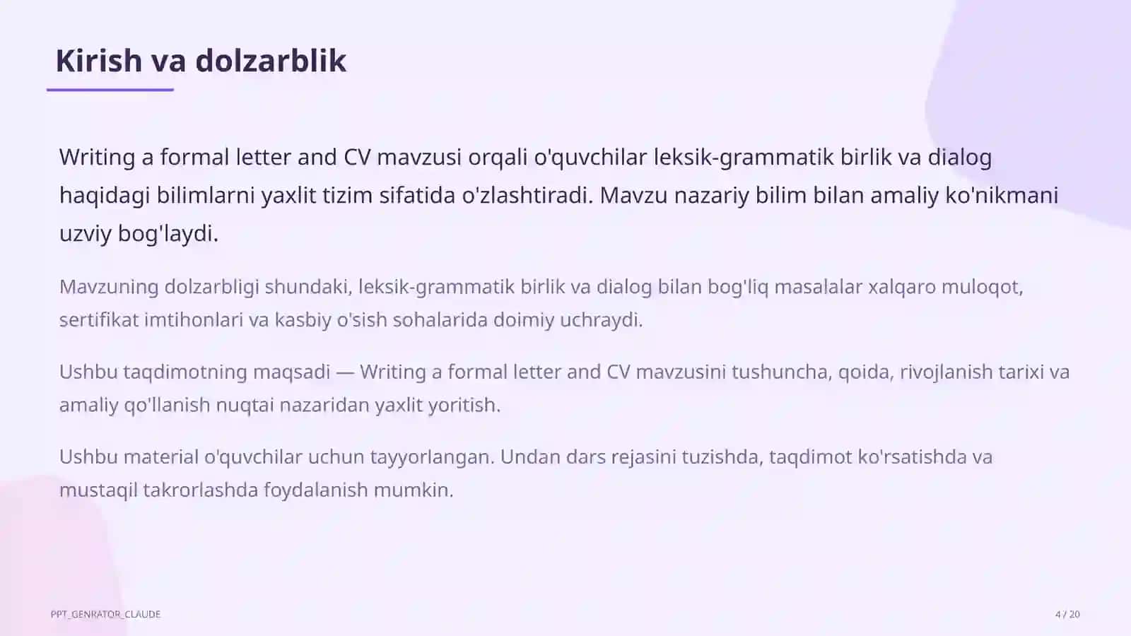 Writing a formal letter and CV (10-sinf) 4