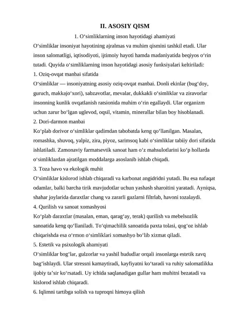 O’SIMLIKLARNI INSON VA BIOSFERADA TUTGAN O’RNI KURS ISHI 4