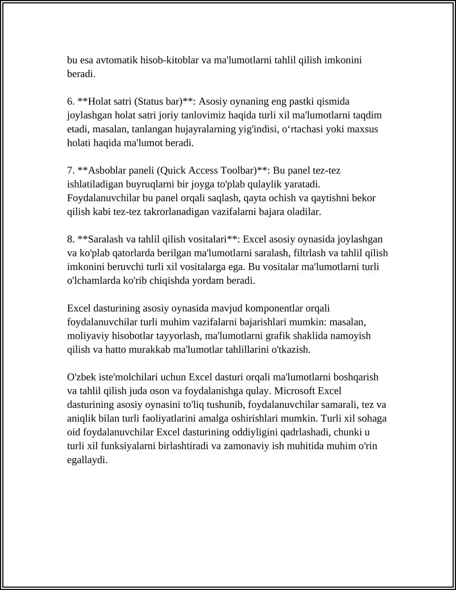 MS EXCEL DASTURI VA UNDA ISHLASH ASOSLARI 4