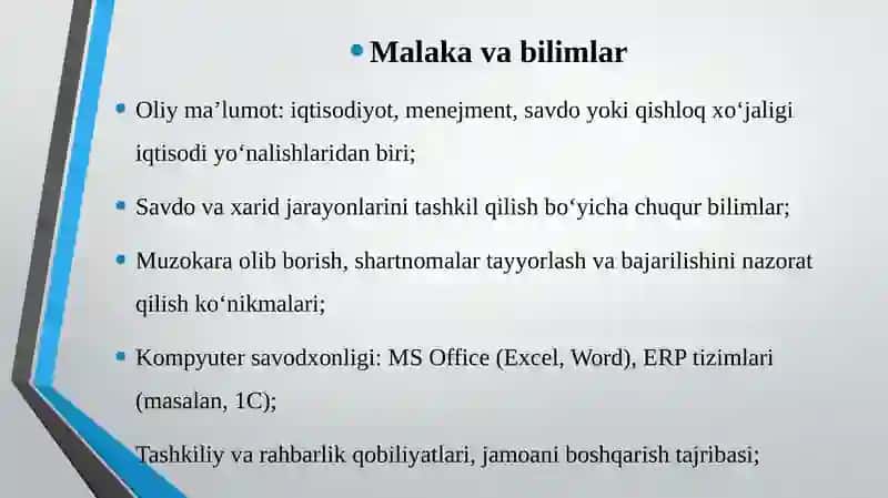 Xom ashyo xarid qilish va mahsulotlarni sotish bo'yicha director o'rinbosari 4
