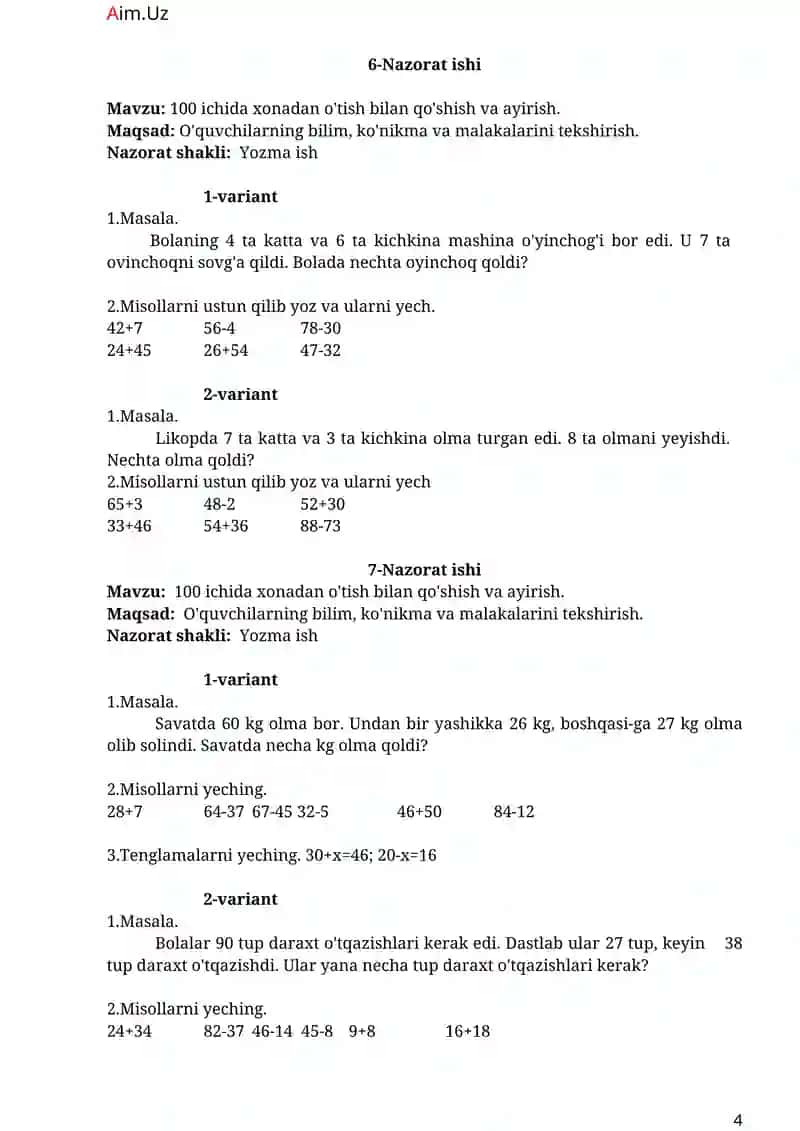 Matematika fanidan mavzuiy rejalashtirish I-chorak 4