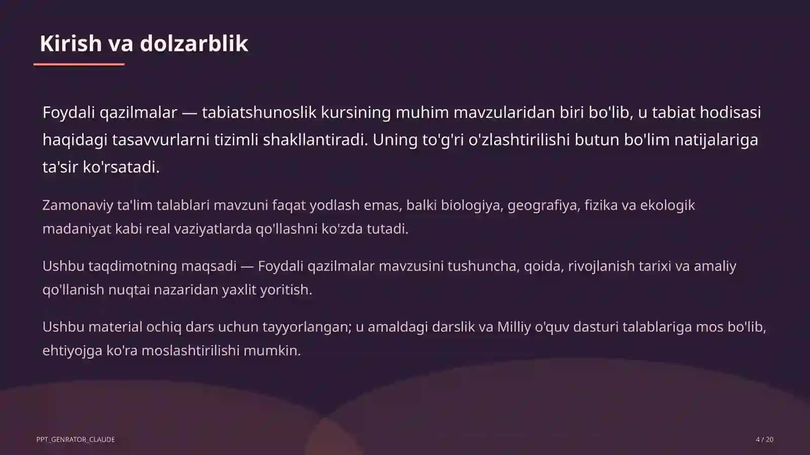 Boshlang'ich sinf: Tabiatshunoslik (1–4) — ochiq dars uchun 4