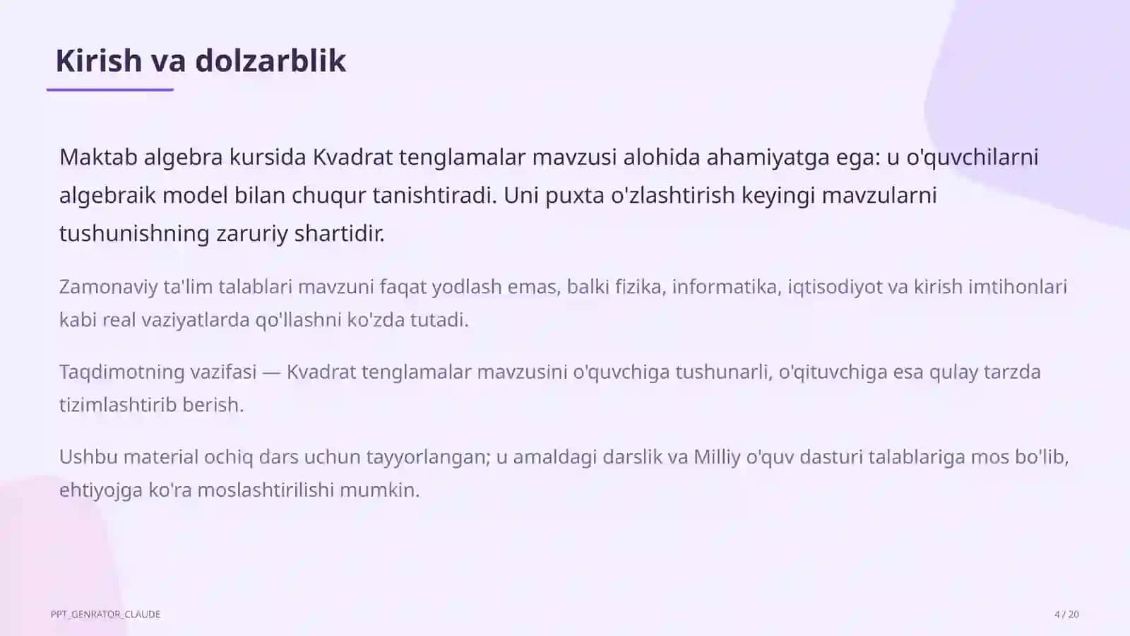 Kvadrat tenglamalar (8-sinf) 4