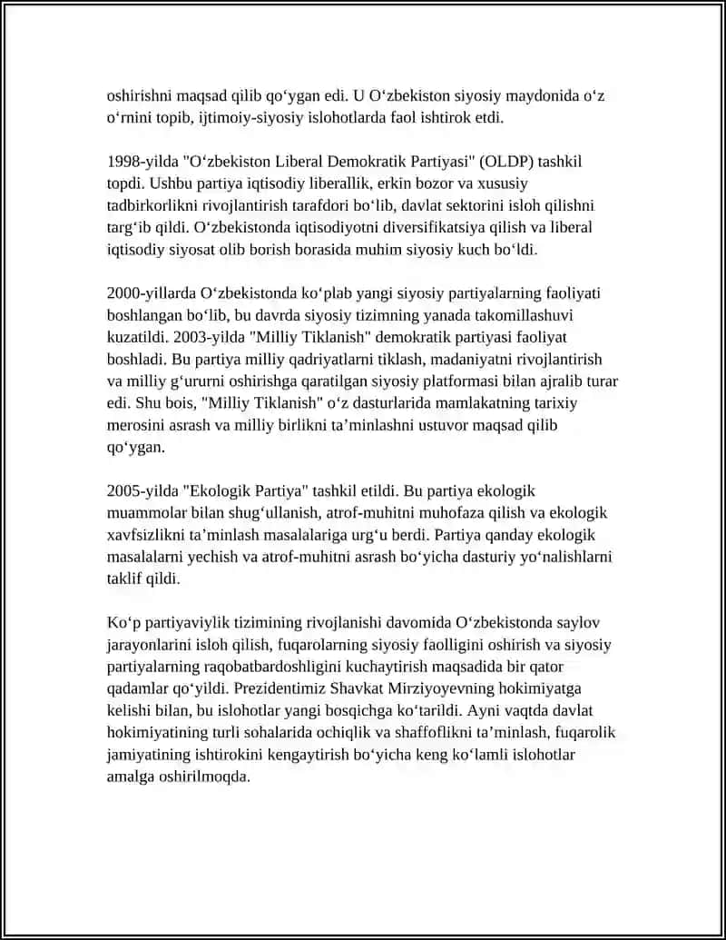 OʻZBEKISTONDA KOʻP PARTIYAVIYLIK TIZIMINING SHAKLLANISHI VA UNING AHAMIYATI 4
