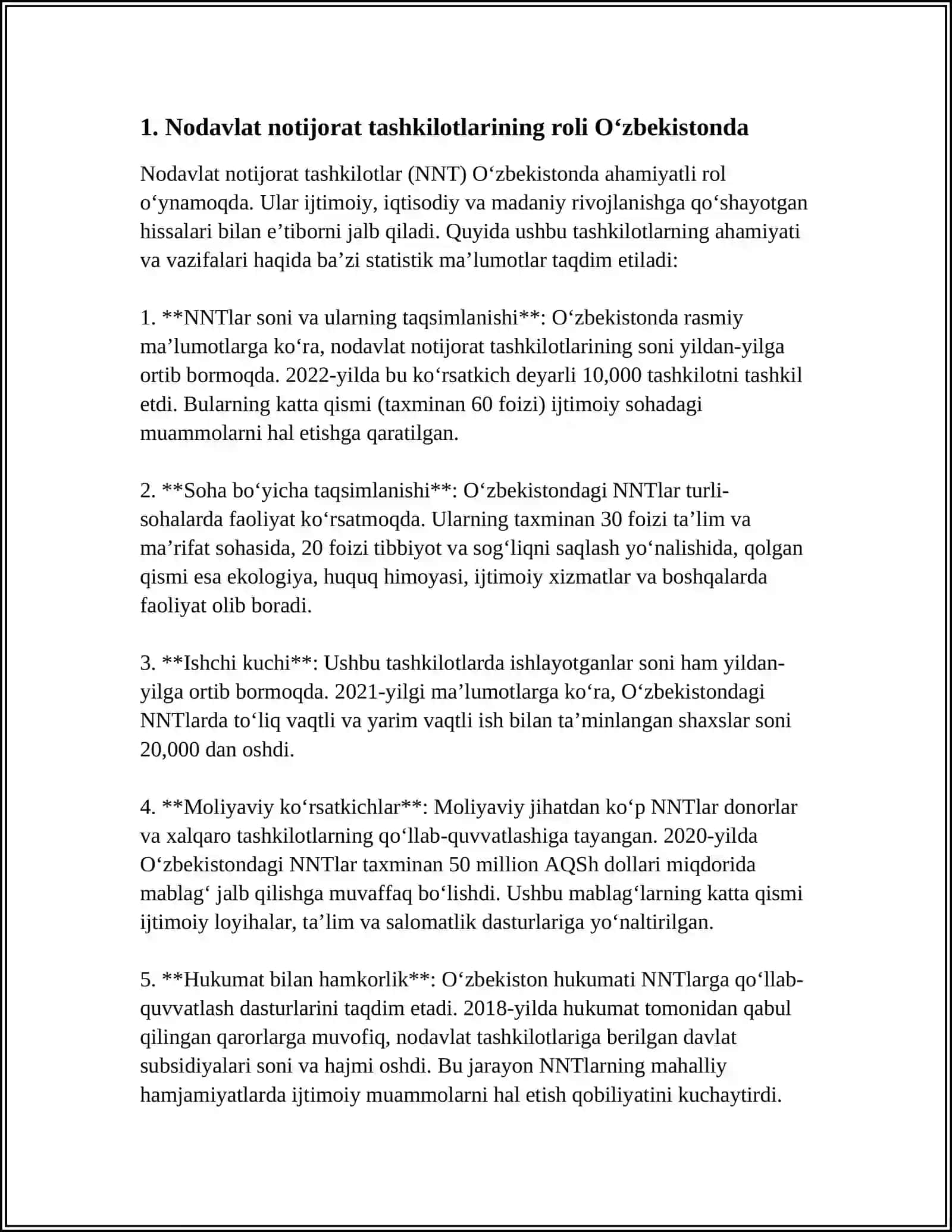 O‘ZBEKISTONDA NODAVLAT NOTIJORAT TASHKILOTLAR VA ULARNING SIYOSIY, IJTIMOIY HAMDA IQTISODIY JARAYONLARDAGI ISHTIROKI 4