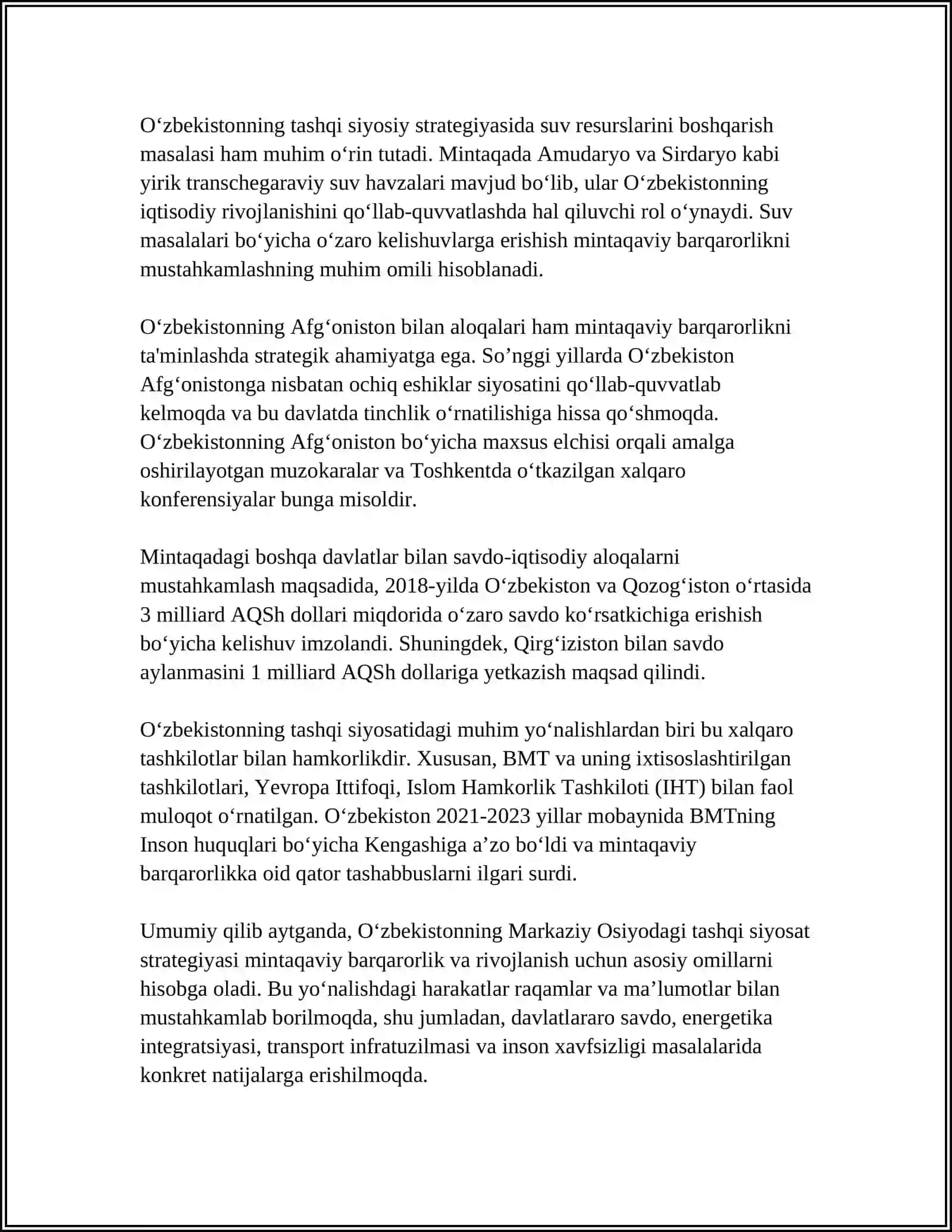 O‘ZBEKISTONNING MARKAZIY OSIYODA TINCHLIK VA BARQARORLIKNI TA’MINLASHDAGI O‘RNI 4