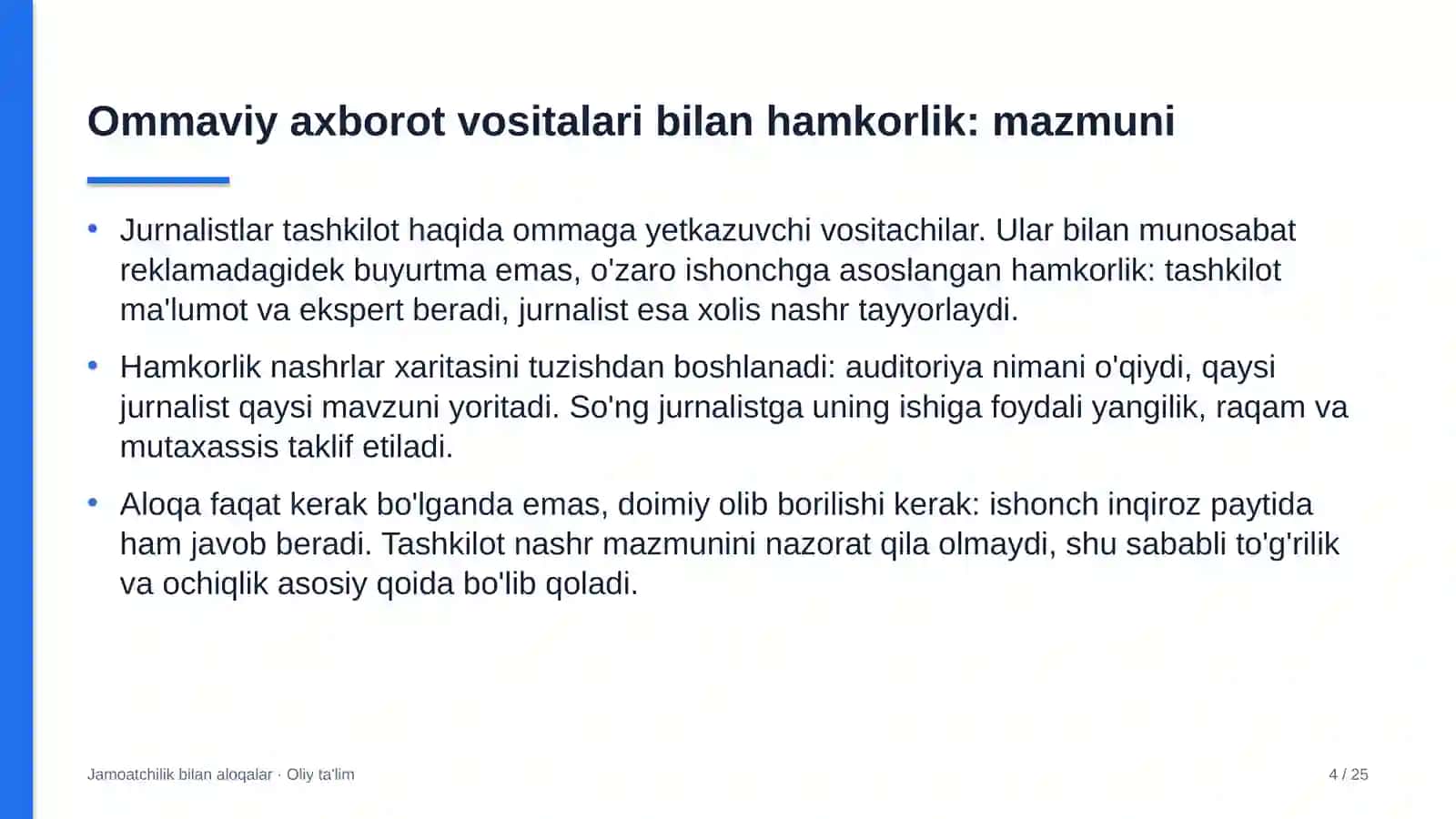 Jamoatchilik bilan aloqalar · Oliy ta'lim 4