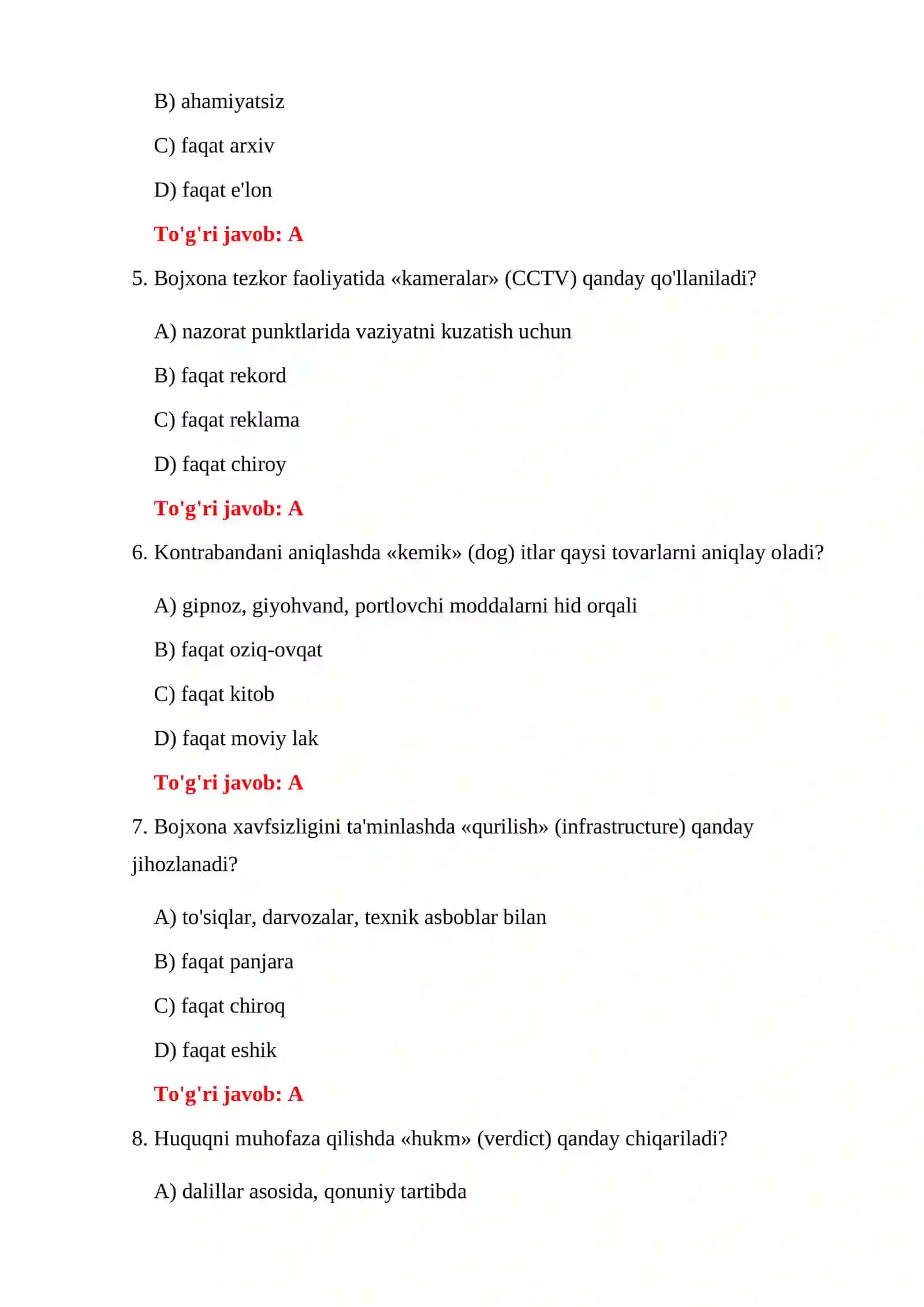 BOJXONA HUQUQBUZARLIKLARI TESTLARI 4