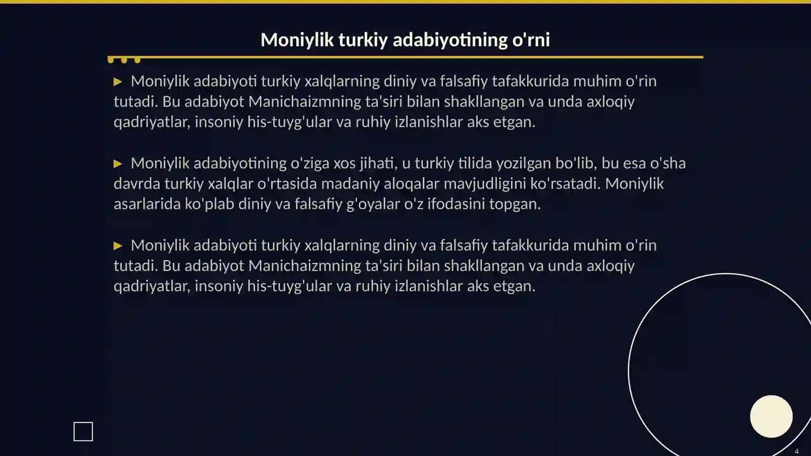 Uygʻur yozuvi yodgorliklari. Moniylik mazmunidagi turkiy adabiyot 4