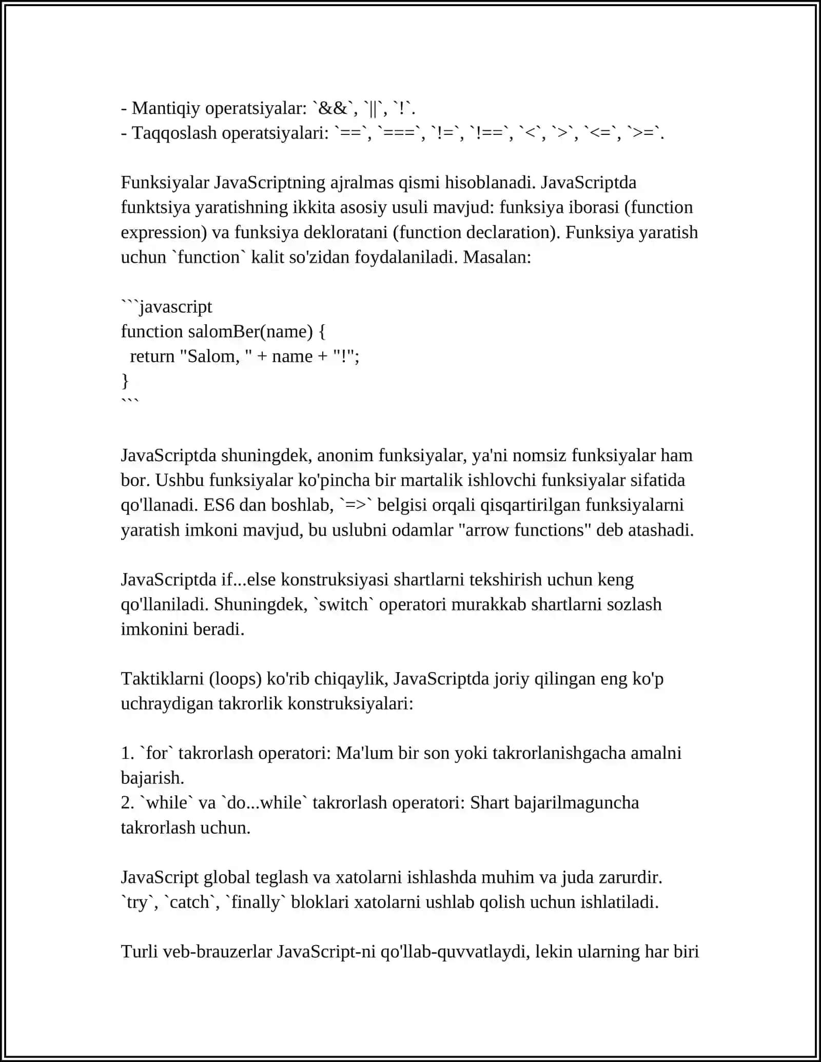 MIJOZ TOMONIDAN DASTURLASH. JAVASCRIPT TILI 4