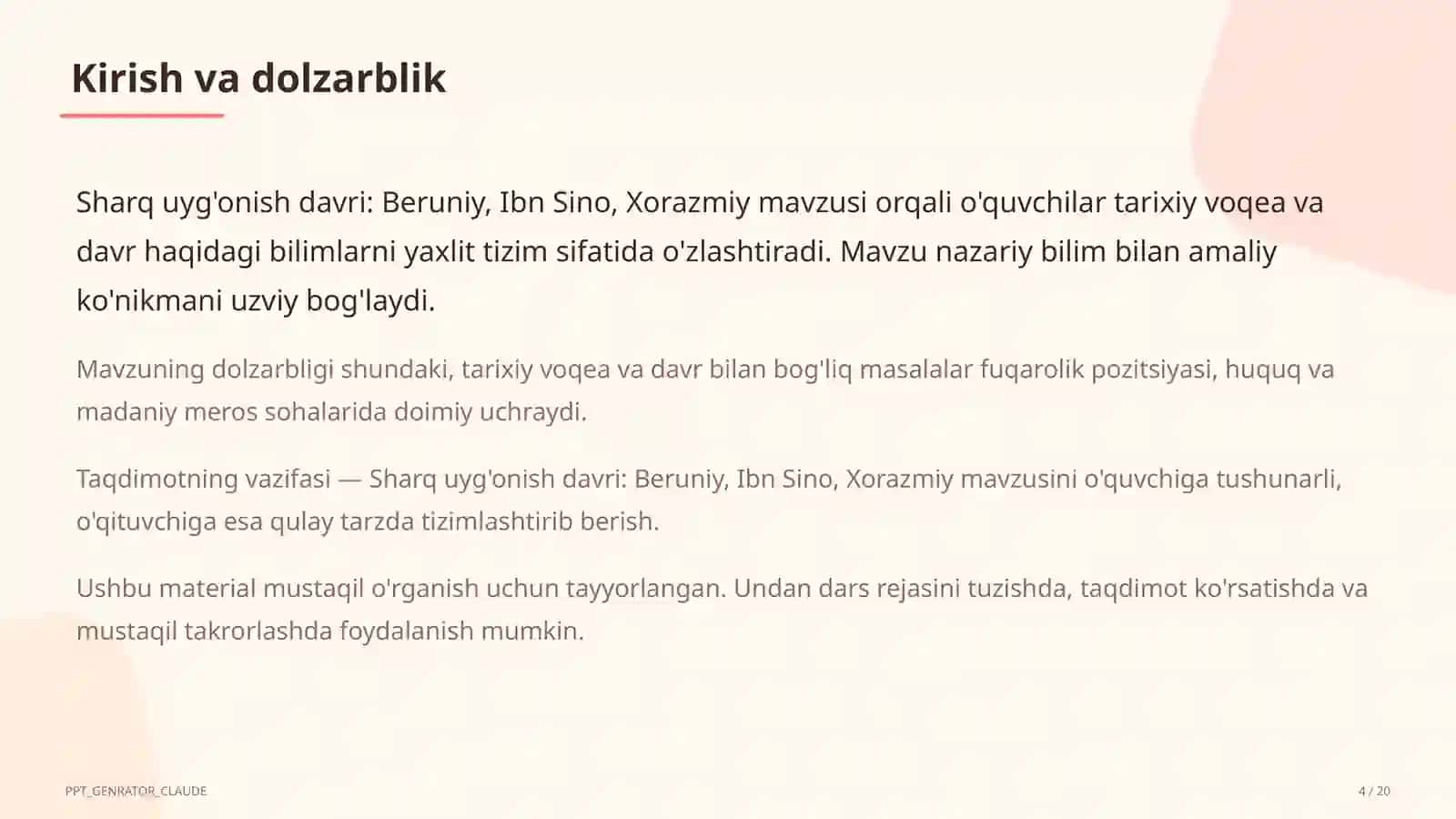Sharq uyg'onish davri: Beruniy, Ibn Sino, Xorazmiy (7-sinf) 4