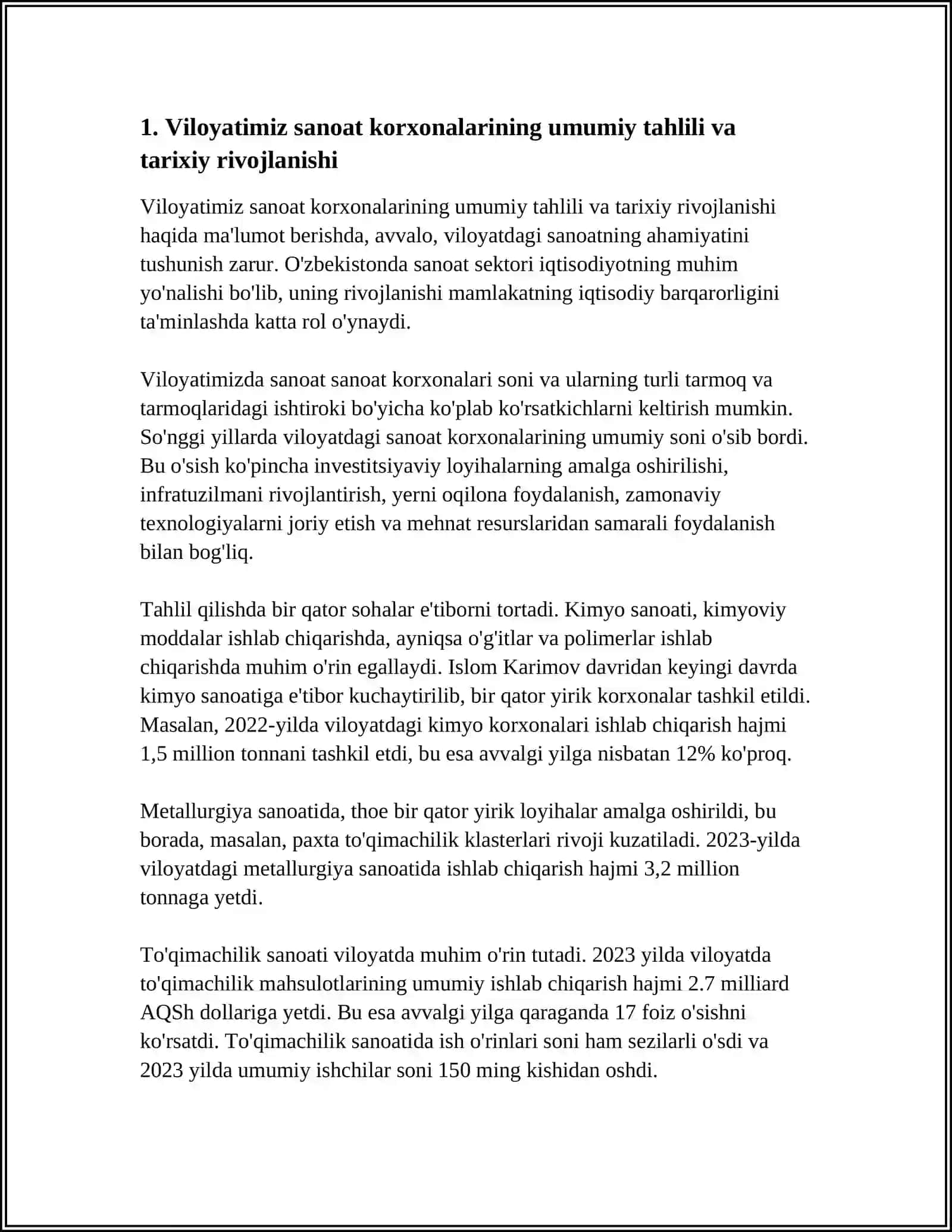 VILOYATIMIZDAGI SANOAT KORXONALARI VA ULAR ISHLAB CHIQARADIGAN MAHSULOTLAR MAVZUSIDA NAZARIY MA'LUMOT YOZISH 4