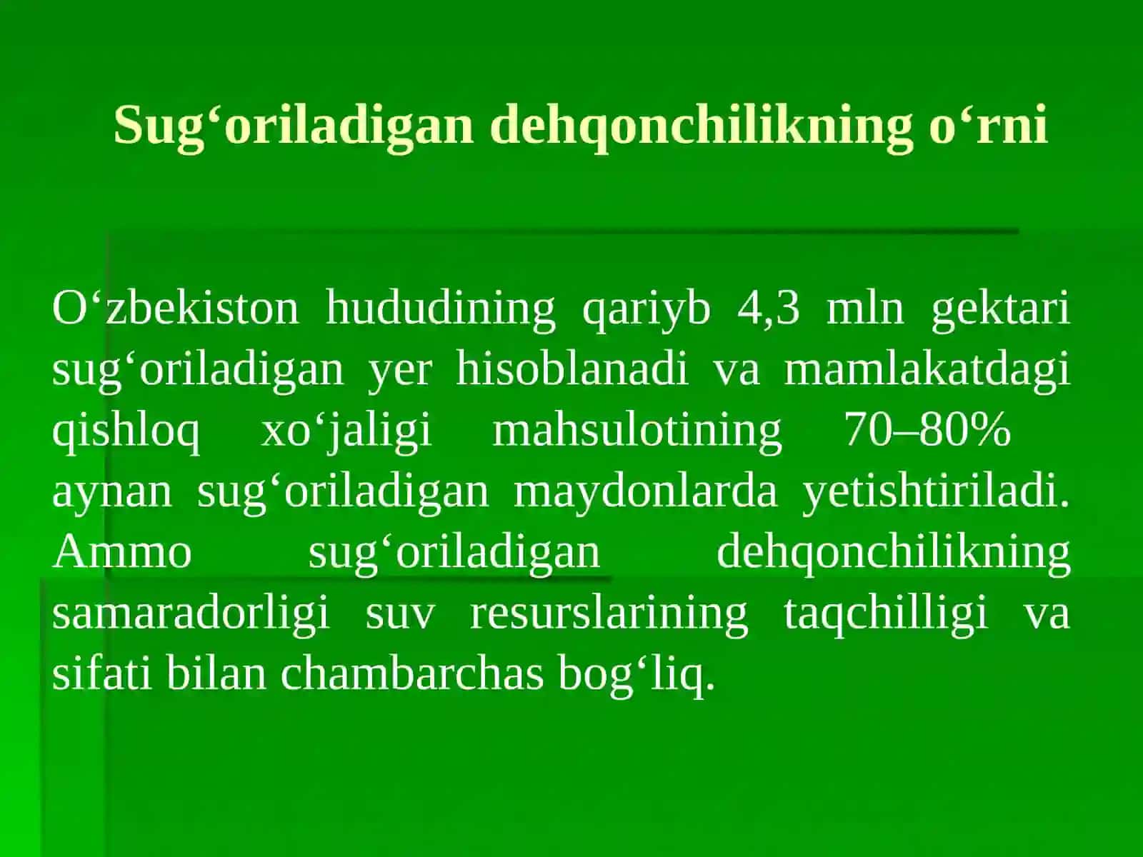 4-mavzuSuv resurslari taqchilligi va sug‘oriladigan dehqonchilikda samaradorligi 4
