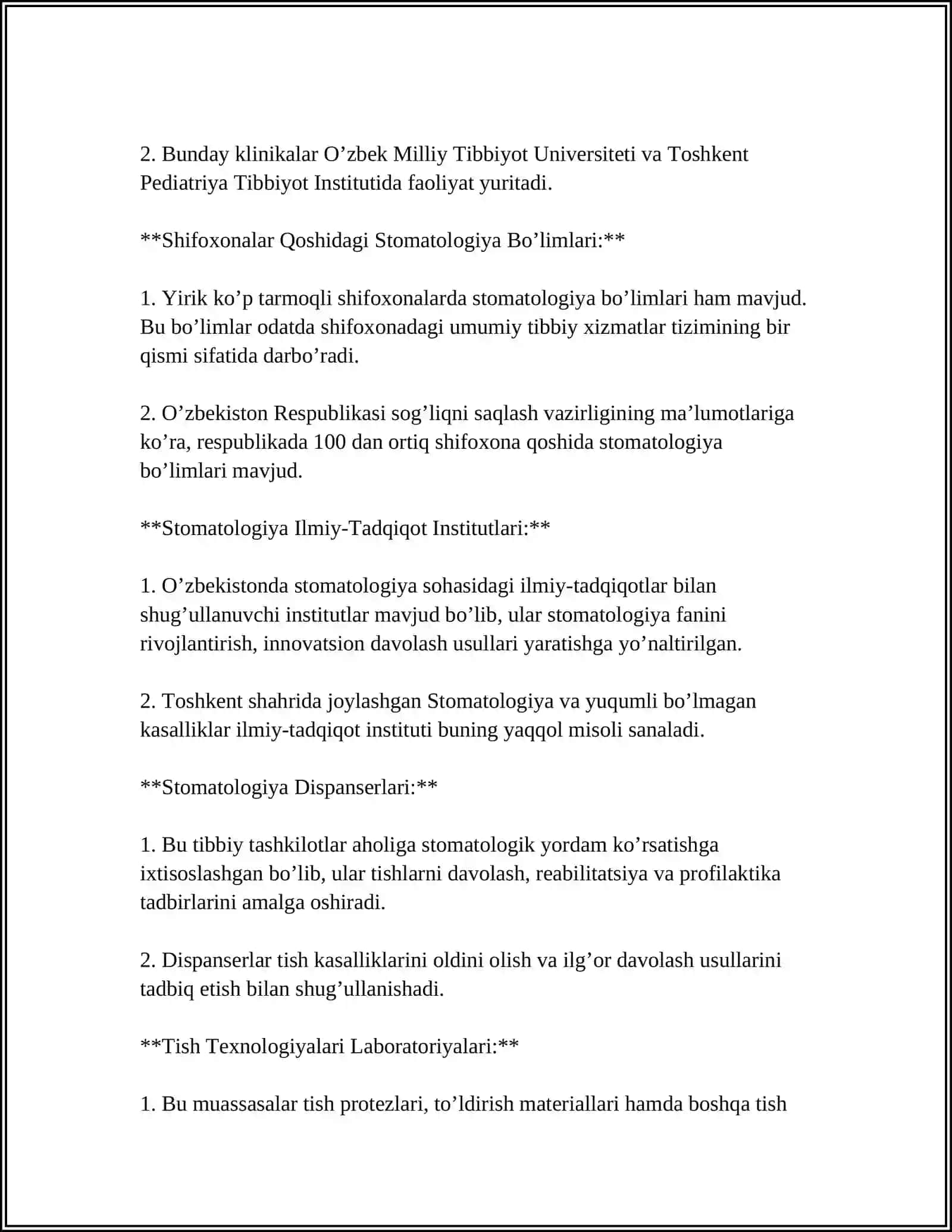 STOMATOLOGIYA PROFILIDAGI TIBBIY TASHKILOTLARNING NOMENKLATURASI.STOMATOLOGIYA KLINIKALARINING TASNIFI.STOMATOLOGIYA KLINIKASI,BO'LIM,XONANI TASHKIL ETISH VA JIHOZLASH.JIHOZLANISH TARTIBI VA STANDARTLARI.STOMATOLOGIK QURILMALAR,DASTAKLAR TURI, BORLAR 4