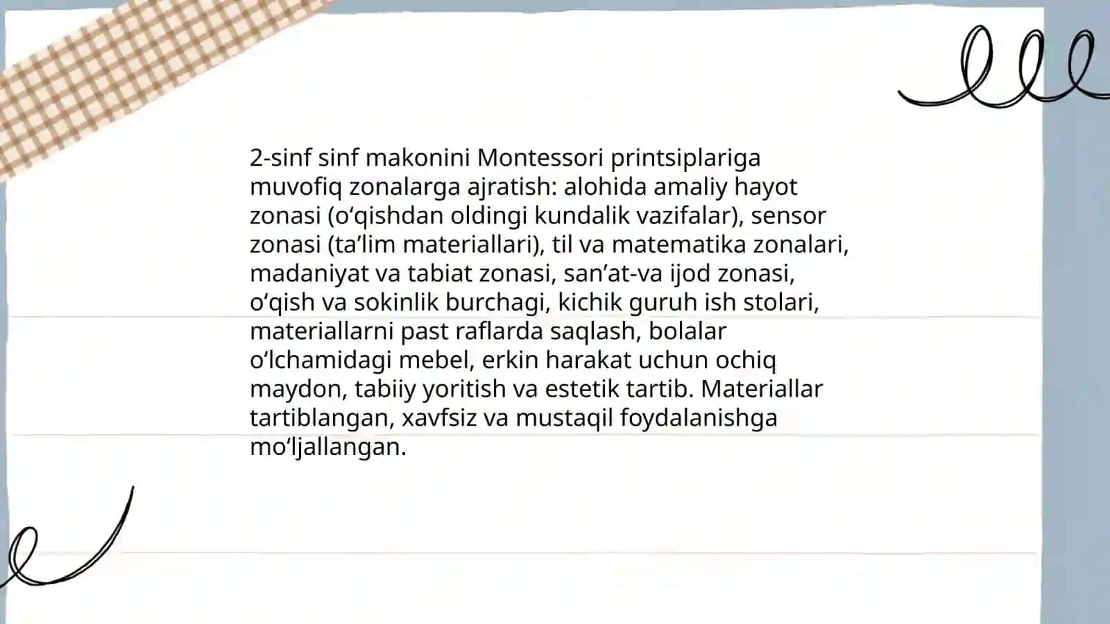 Mariya Montessori taʼlim tizimi asosida mustaqil faoliyat burchaklarini tashkil etish 4