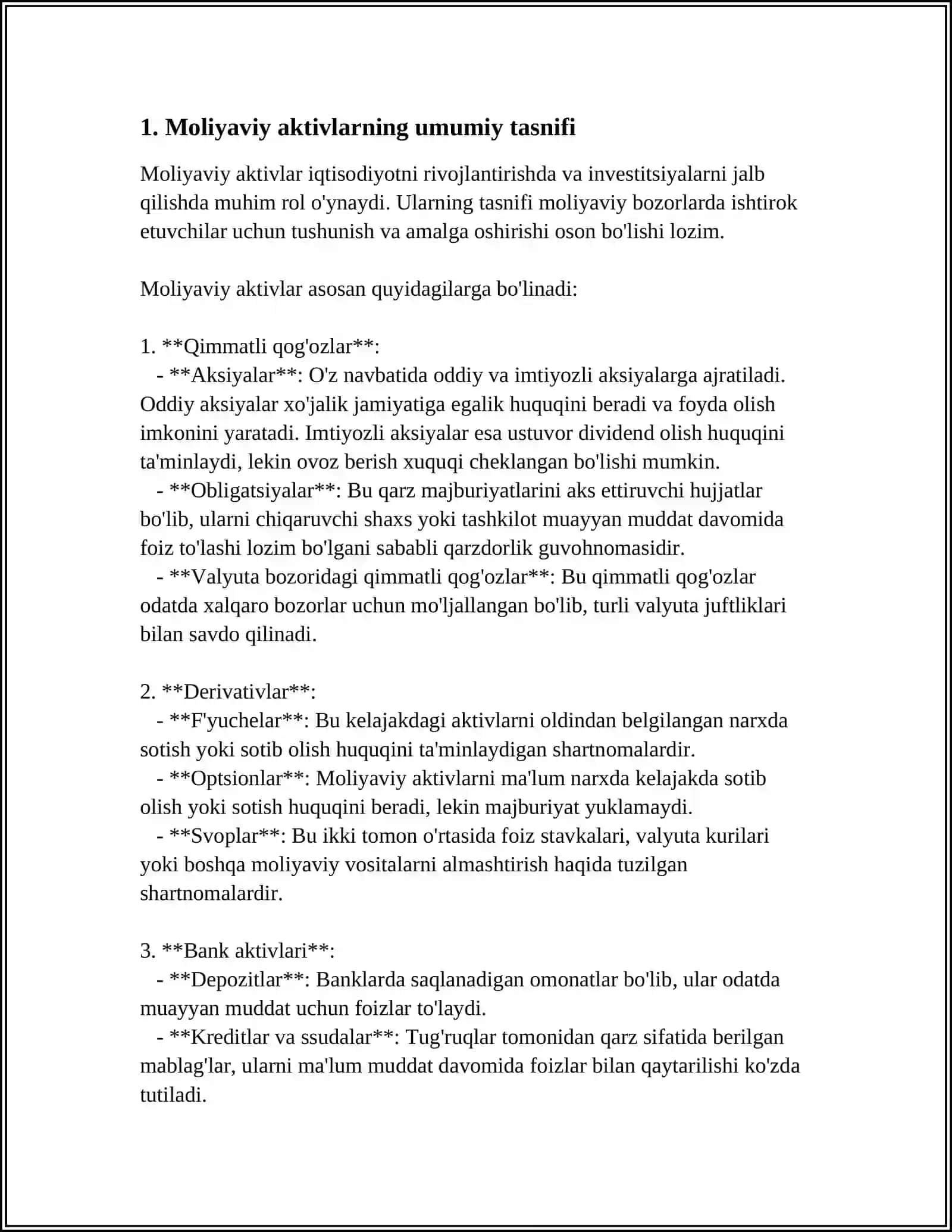 MOLIYAVIY AKTIVLARNI TASNIFLASH VA ULARNI BANKLARDA XISOBGA OLISH (SOTIB OLINGAN QIMMATLI QOĞOZLARNI HISOBGA OLISH) 4