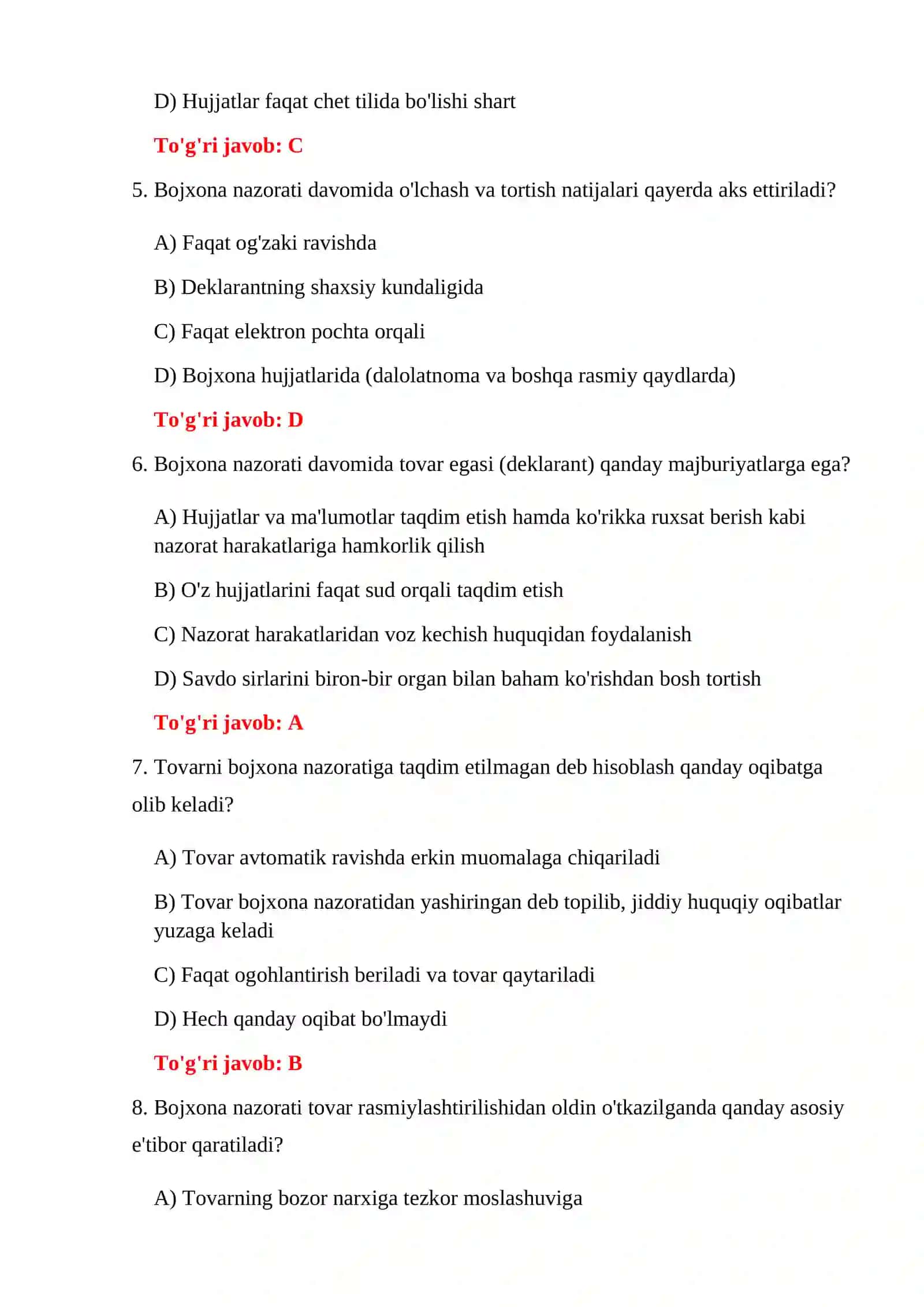 BOJXONA NAZORATI BO'YICHA SAVOLLAR 4