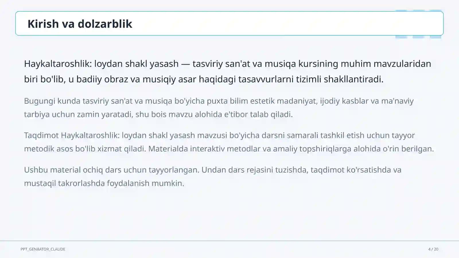 Haykaltaroshlik: loydan shakl yasash (4-sinf) 4