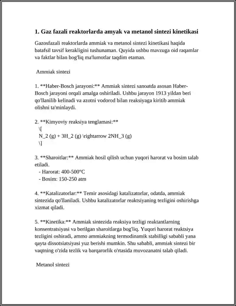 GAZ FAZALI JARAYON REAKTORLARIDA AMYAK VA METANOL SINTEZI 4