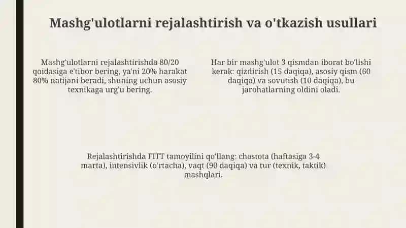 Voleybol mashg’ulotlarini tashkil qilish va o’tkazish 4