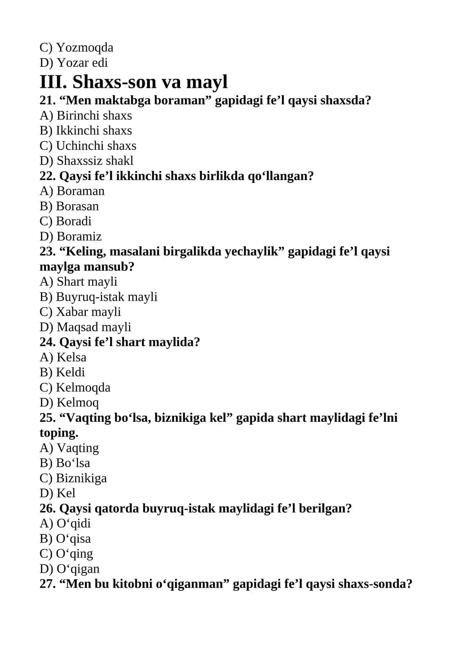 Fe'l so'z turkumi 100talik umumiy test 4