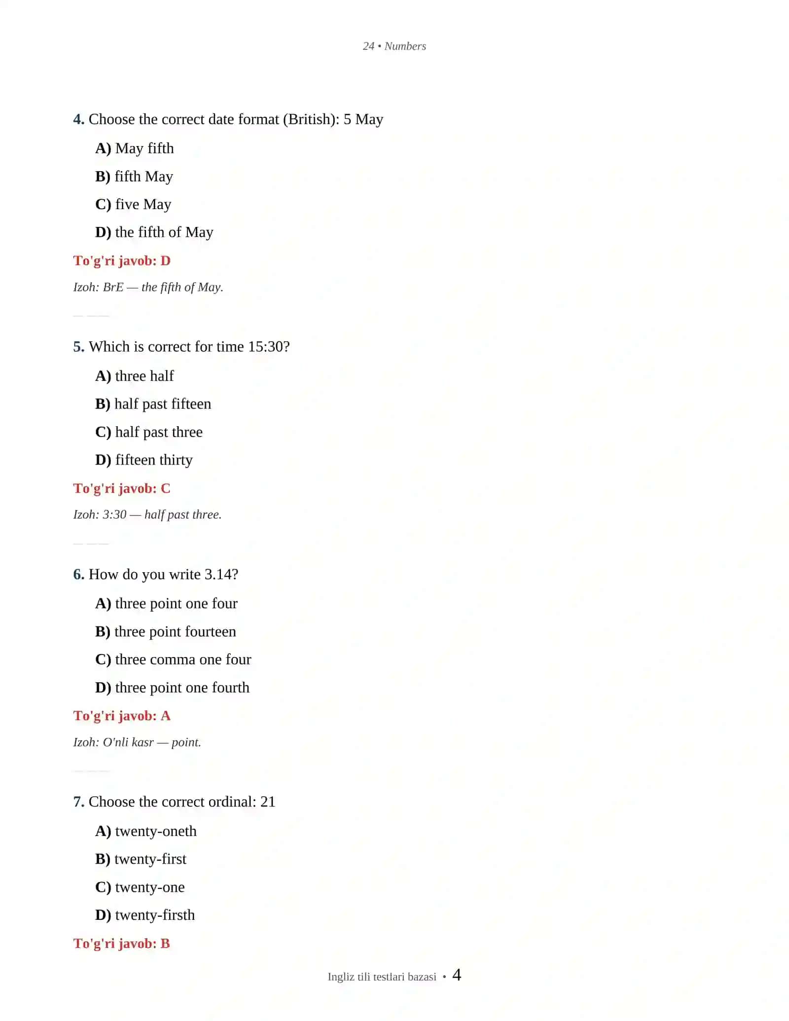 INGLIZ TILI NUMBERS, DATES & TIME 4