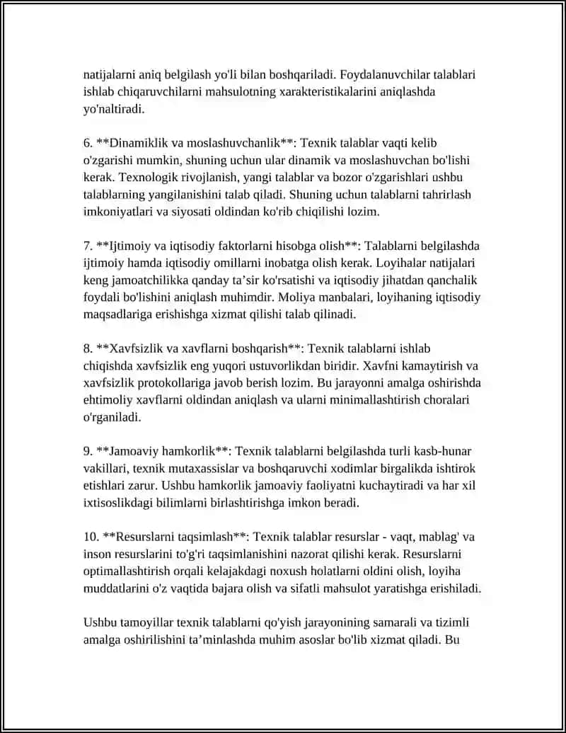 Texnik talablarni qo'oyish va taxrirlash bajarilishlar shakli SWOT soat 6 4