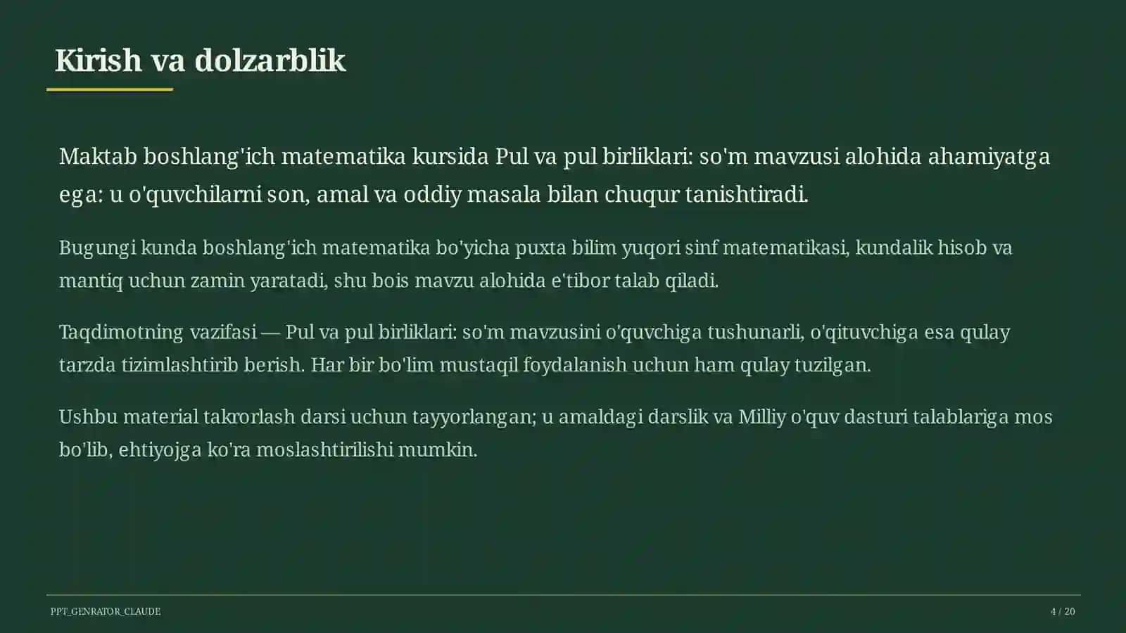 Pul va pul birliklari: so'm (2-sinf) 4