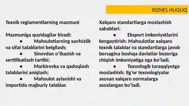 Texnik reglament maqsadi  mazmuni ishlab chiqish va  qabul qilish tartibi hamda texnik reglamentlarni qayta ko’rib chiqish yoki bekor qilishning o’ziga xos jihatlari 4
