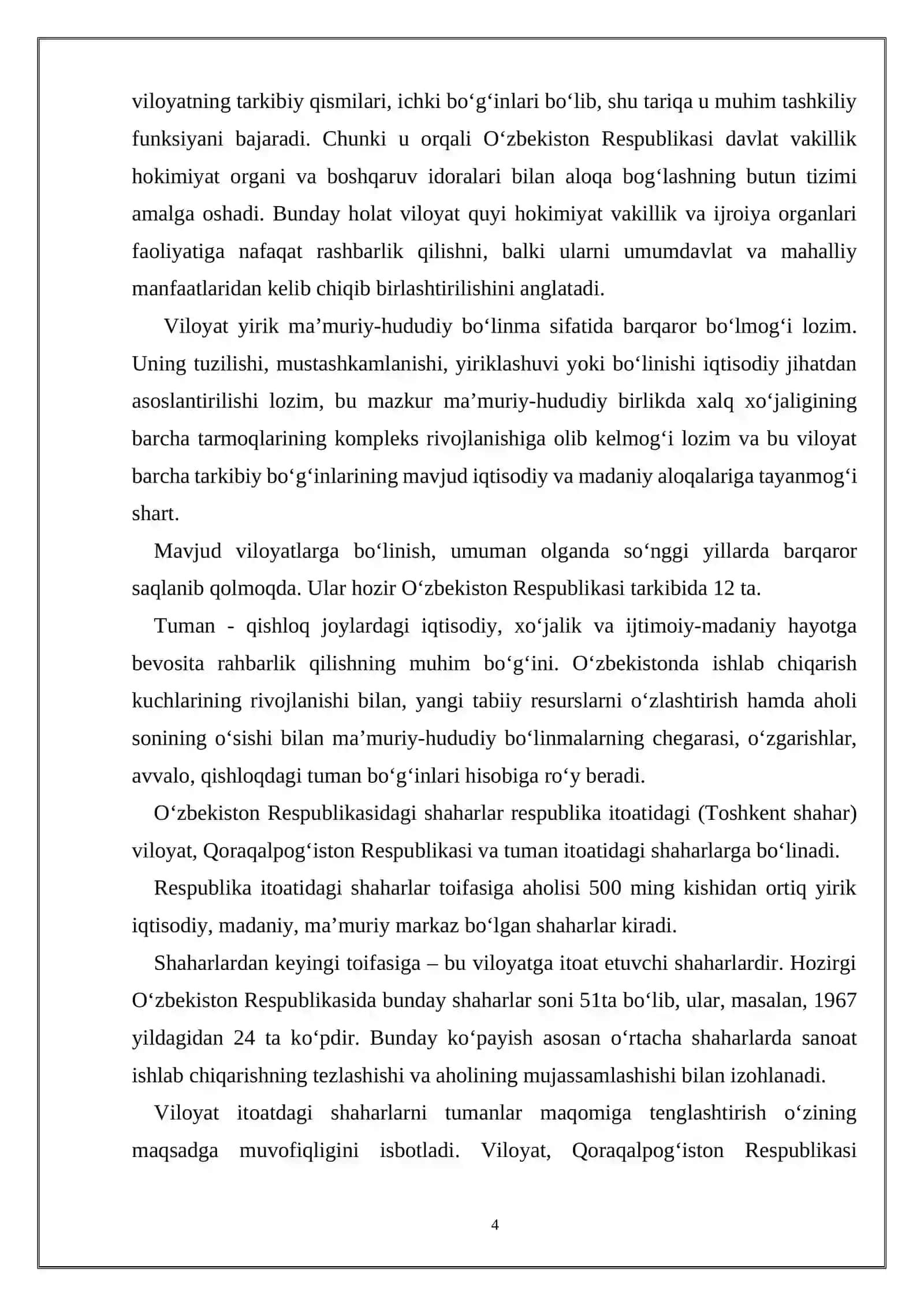 “O‘ZBEKISTON RESPUBLIKASIDA DAVLAT SHAKLINING O‘ZIGA XOS XUSUSIYATLARI” MAVZUSIDAGI KURS ISHI 4