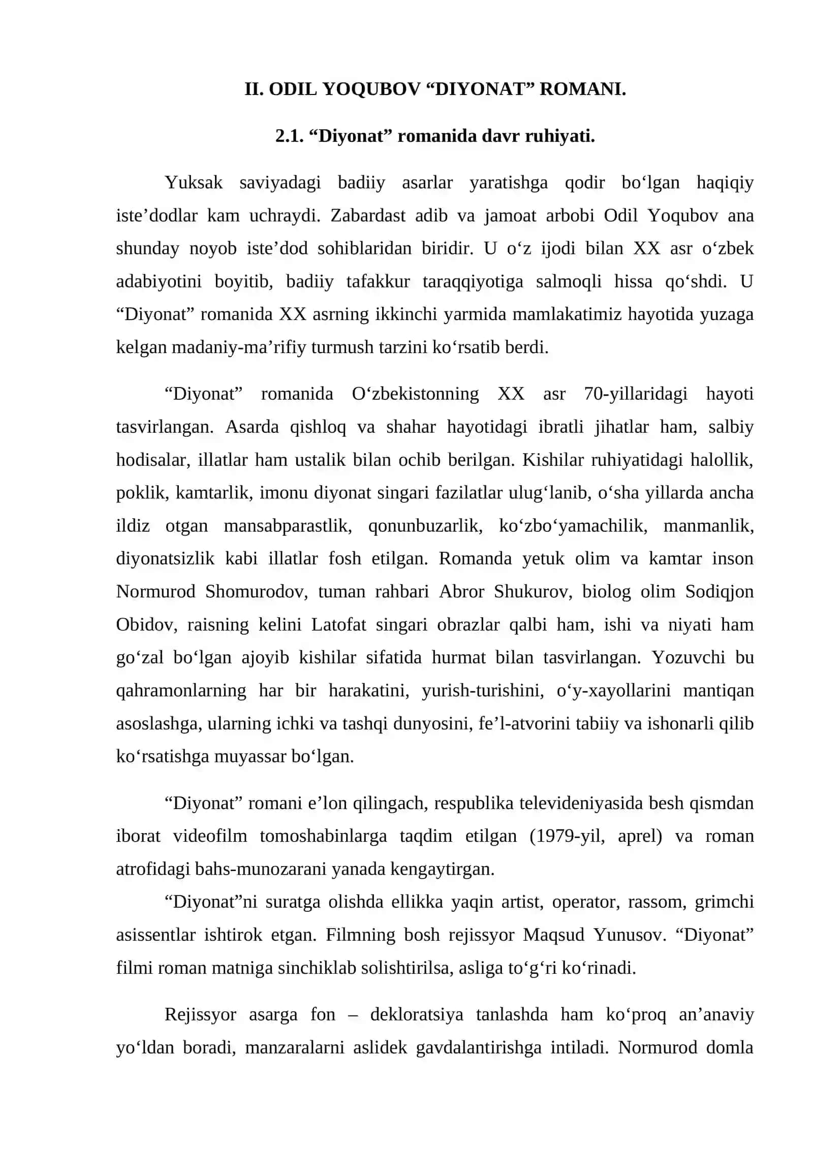 “DIYONAT” ROMANIDA ZAMON VA QAHRAMON RUHIYATI TASVIRI 4