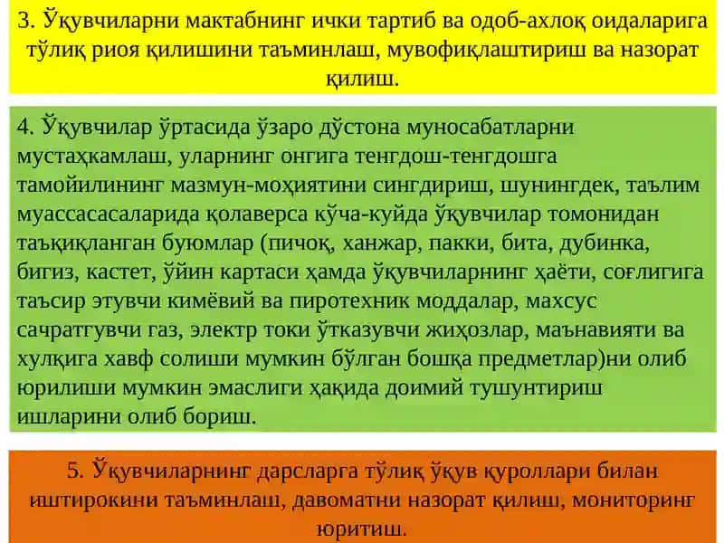 "Ўқувчилар ўртасида маънавий таҳдидлар ва «оммавий маданият» каби салбий ҳолатларнинг олдини олишга қаратилган профилактик тадбирларни ташкил этиш" 4