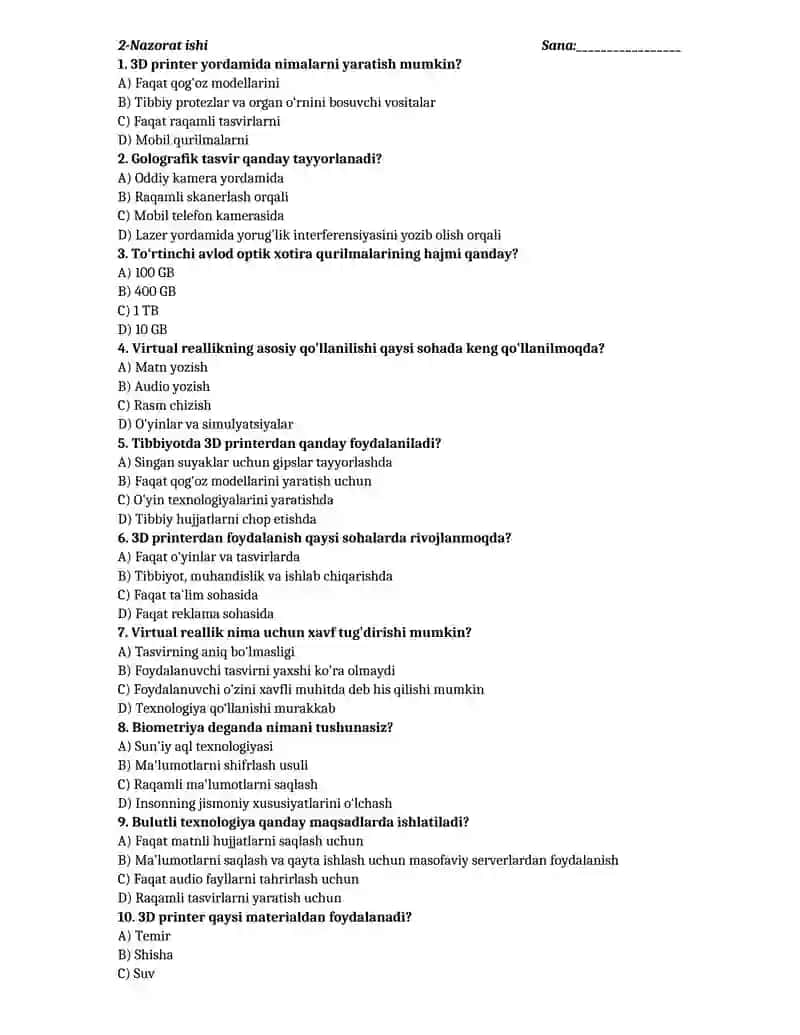 Informatika fanidan NAZORAT ISHLAR DAFTARI 4
