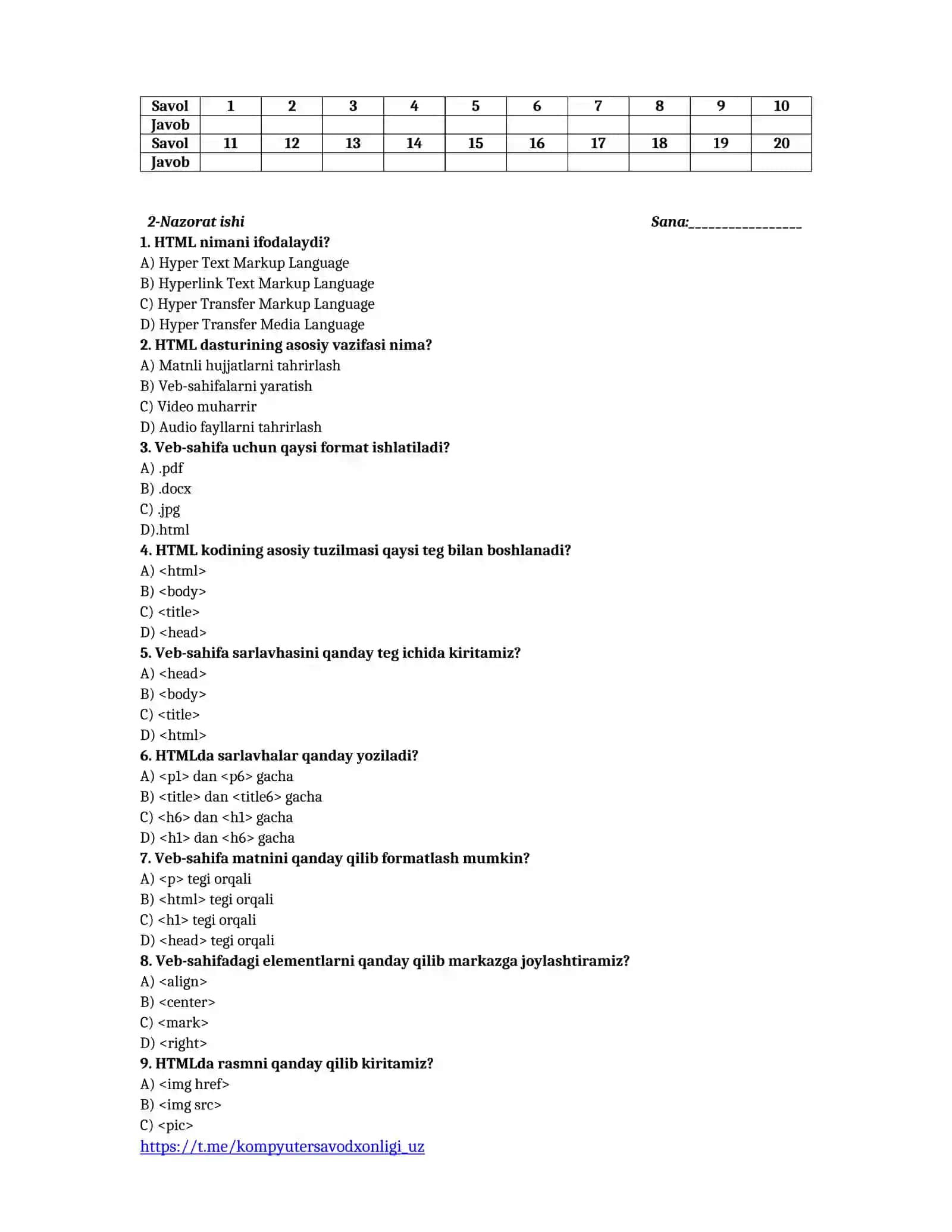 8-sinf informatika fanidan choraklik nazorat testlari 4