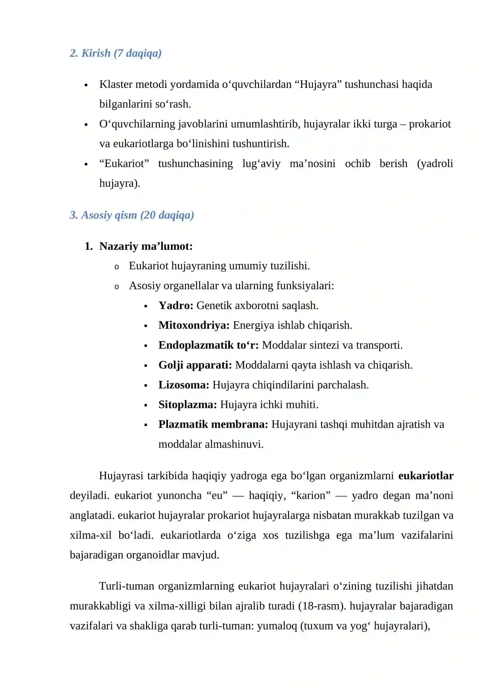 "Eukariot hujayralar" 9-sinf Biologiya fanidan dars ishlanma 4