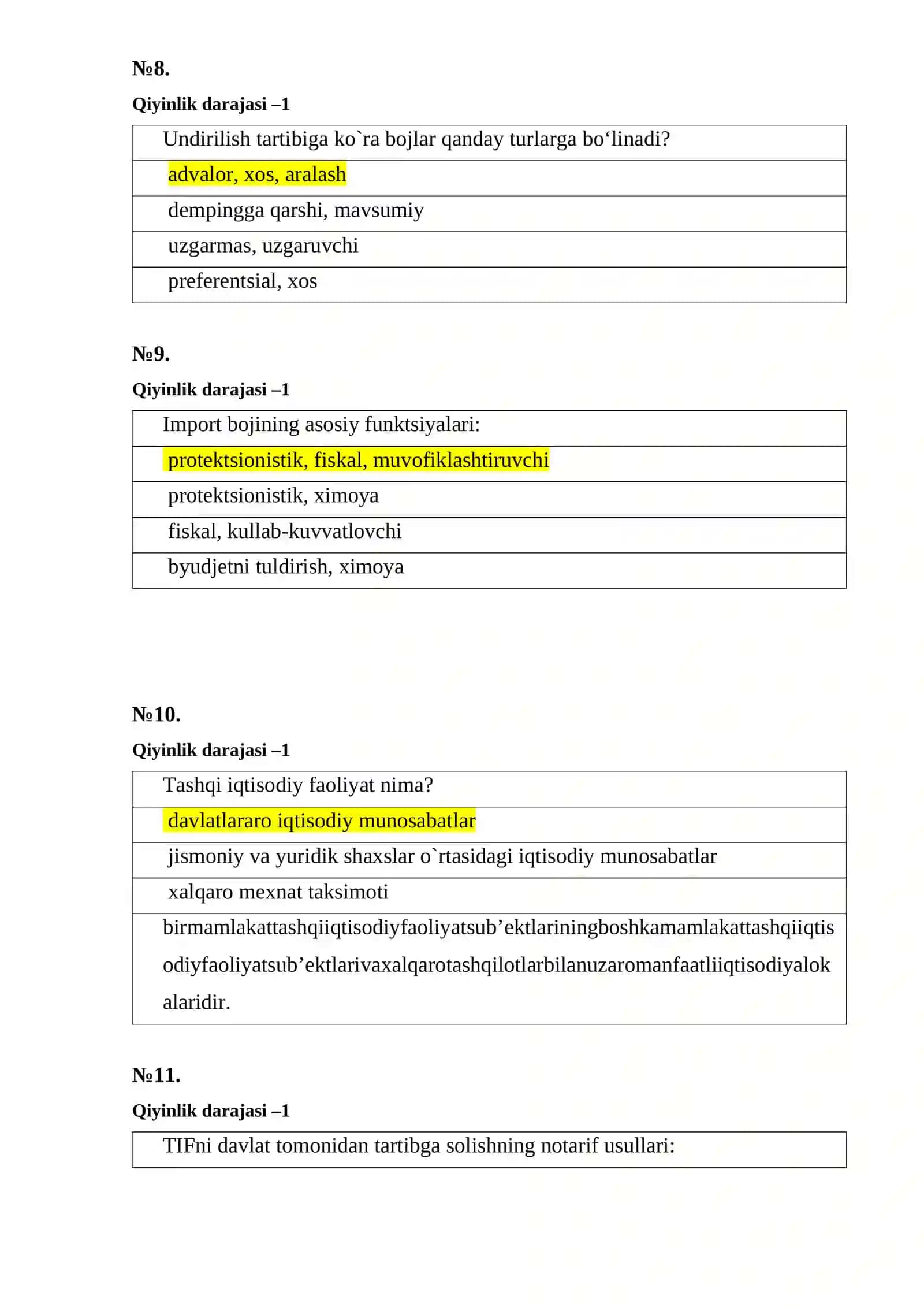 Bojxona qo‘mitasiga ishga kirish uchun test savol-javoblar to‘plami 4