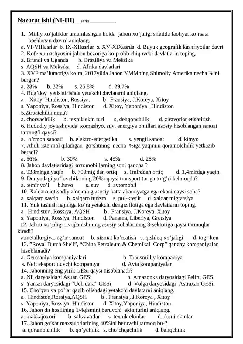 Geografiya fanidan nazorat ishlari to’plami 4