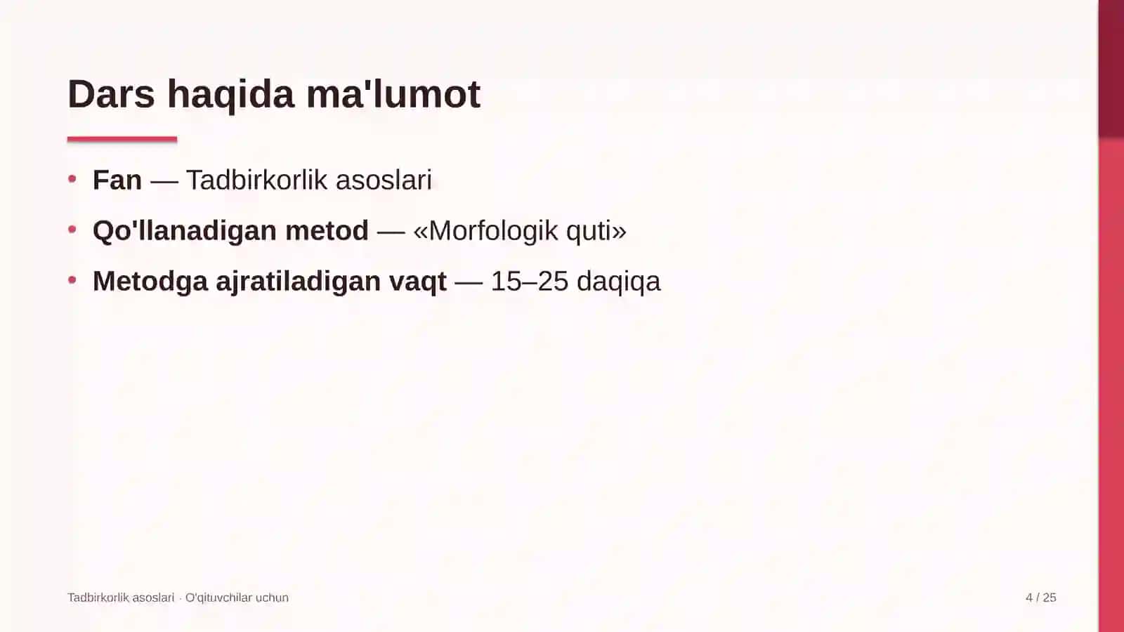 tadbirkorlik asoslari darslarida morfologik quti metodidan foydalanish 5033 4