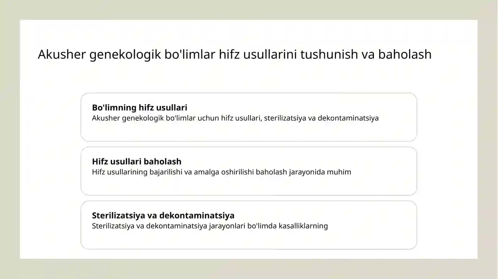 Akusher genekologik bo'limlar sanitariya bakteriologik tekshiruvi va hujjatlariga muvofiq hifz usullarini baholash 4