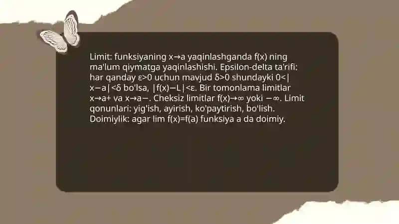 Bir o’zgaruvchili funksiyani to’la tekshirish va grafigini yasash. Aniqmas intergal. Intergallash usullari. Ba’zi iratsional funksiyalar sinfini integrallash. 4